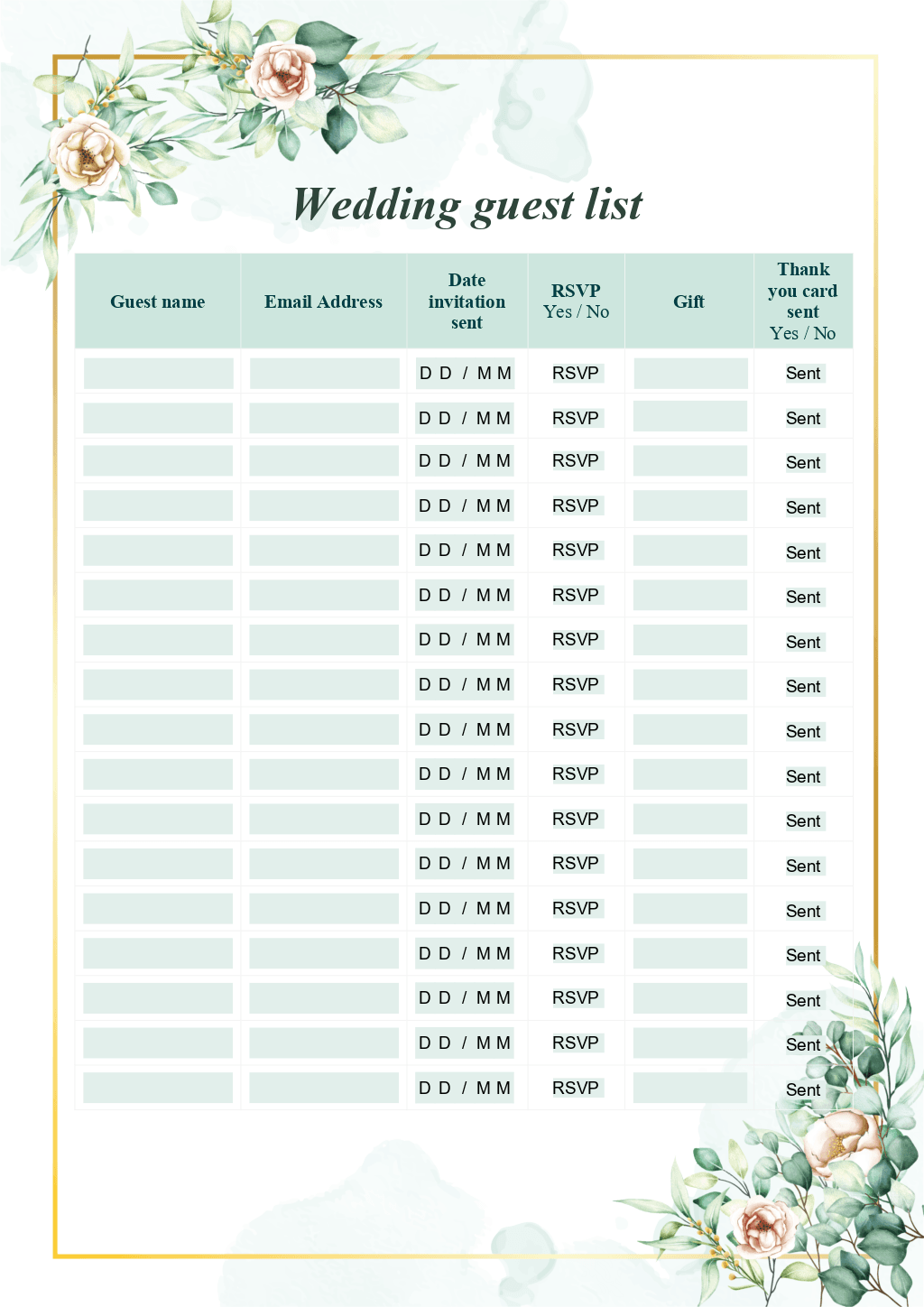wedding guest list template printable