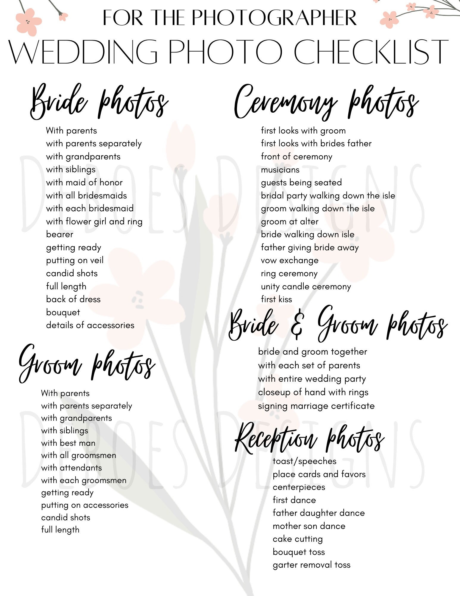 Wedding Photographer Checklist Printable Photo List PDF Etsy