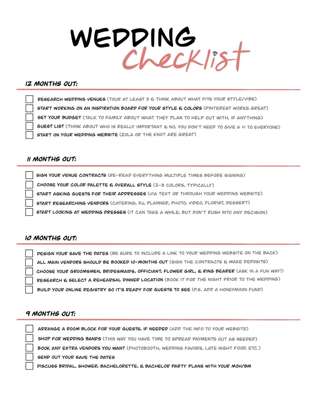Wedding Planner Checklist Digital Download Bride Checklist Count Down To Wedding Etsy