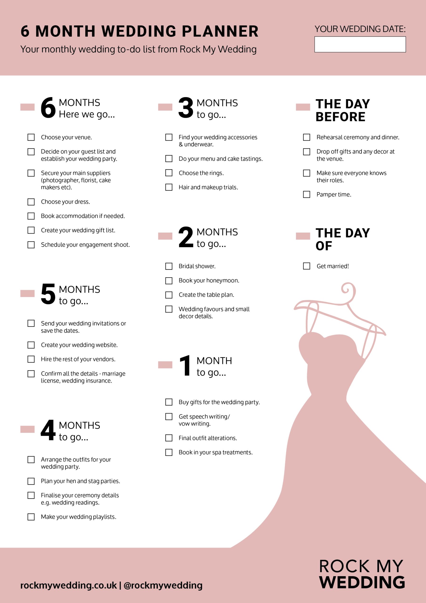 printable 6 month wedding timeline checklist