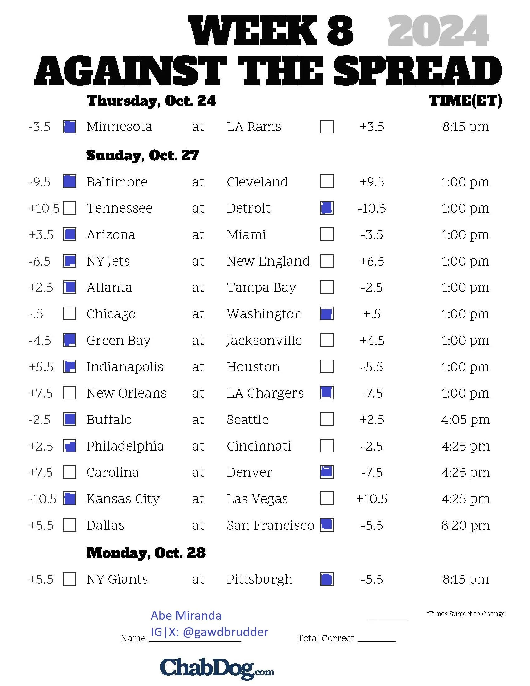 Week 8 Abe s Scrumdidilyumptious NFL Picks ATS ChabDog Sports Talk 