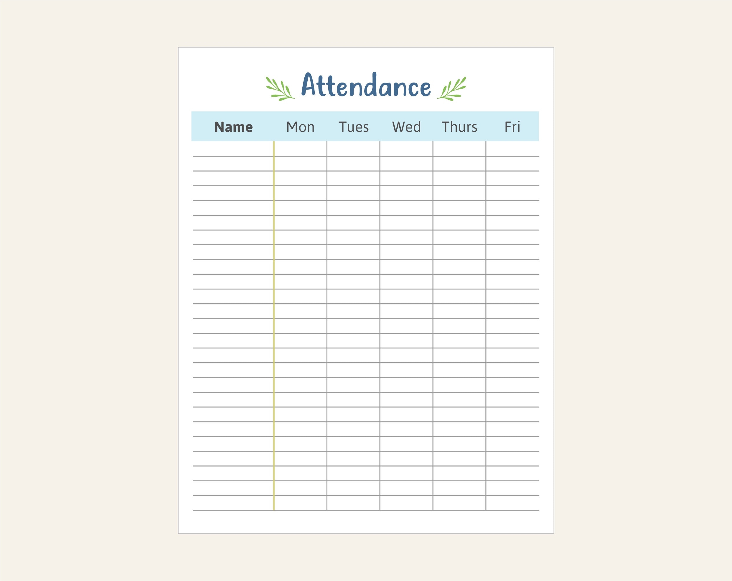 Weekly Attendance Sheet For Teachers Prints For Classroom Substitute Sub Kid Student Organizer Class Stationery Printable Resources 