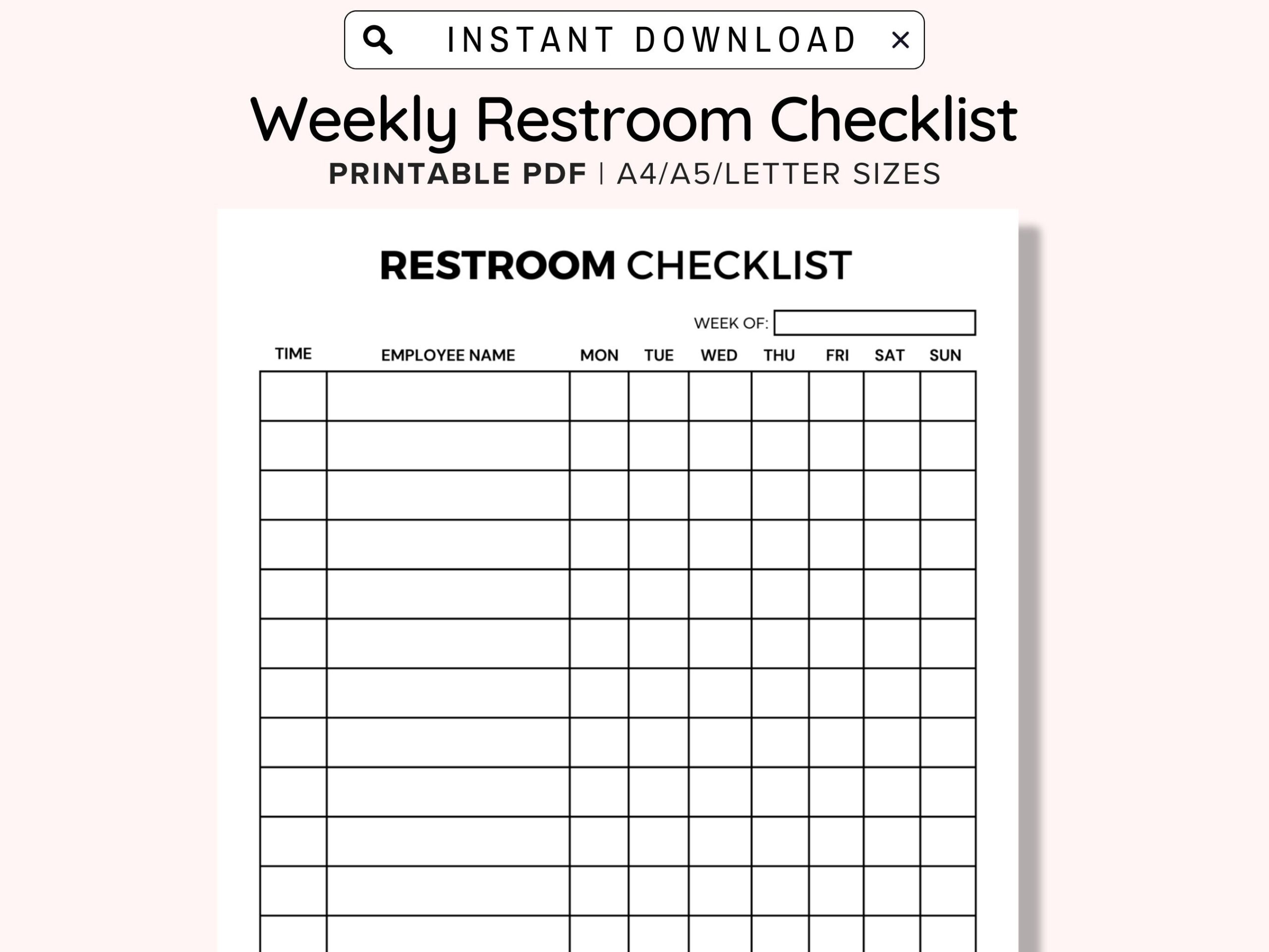 Weekly Bathroom Cleaning Chart With Employee Names Column Printable And Editable PDF Cleaning Log For Business Bathroom Checklist Digital Etsy