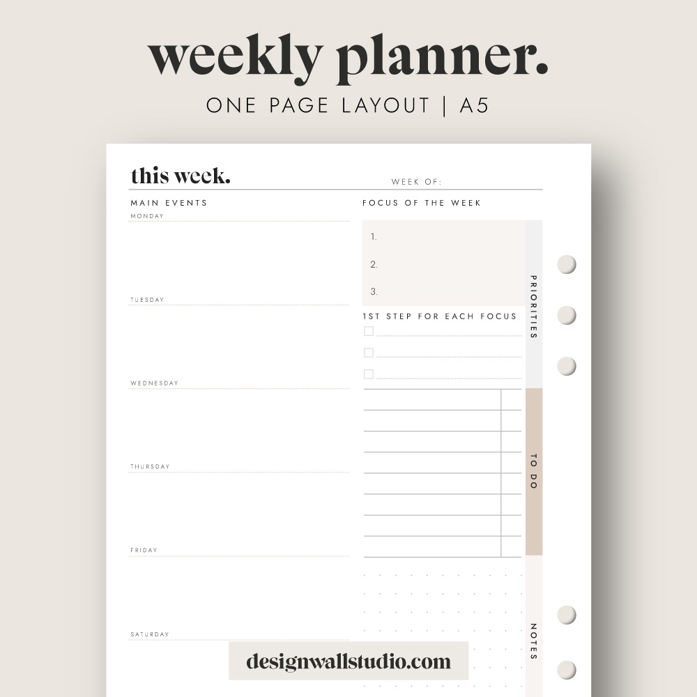 Weekly Focus Planner Printable Insert A5 Free Download One Page Layout