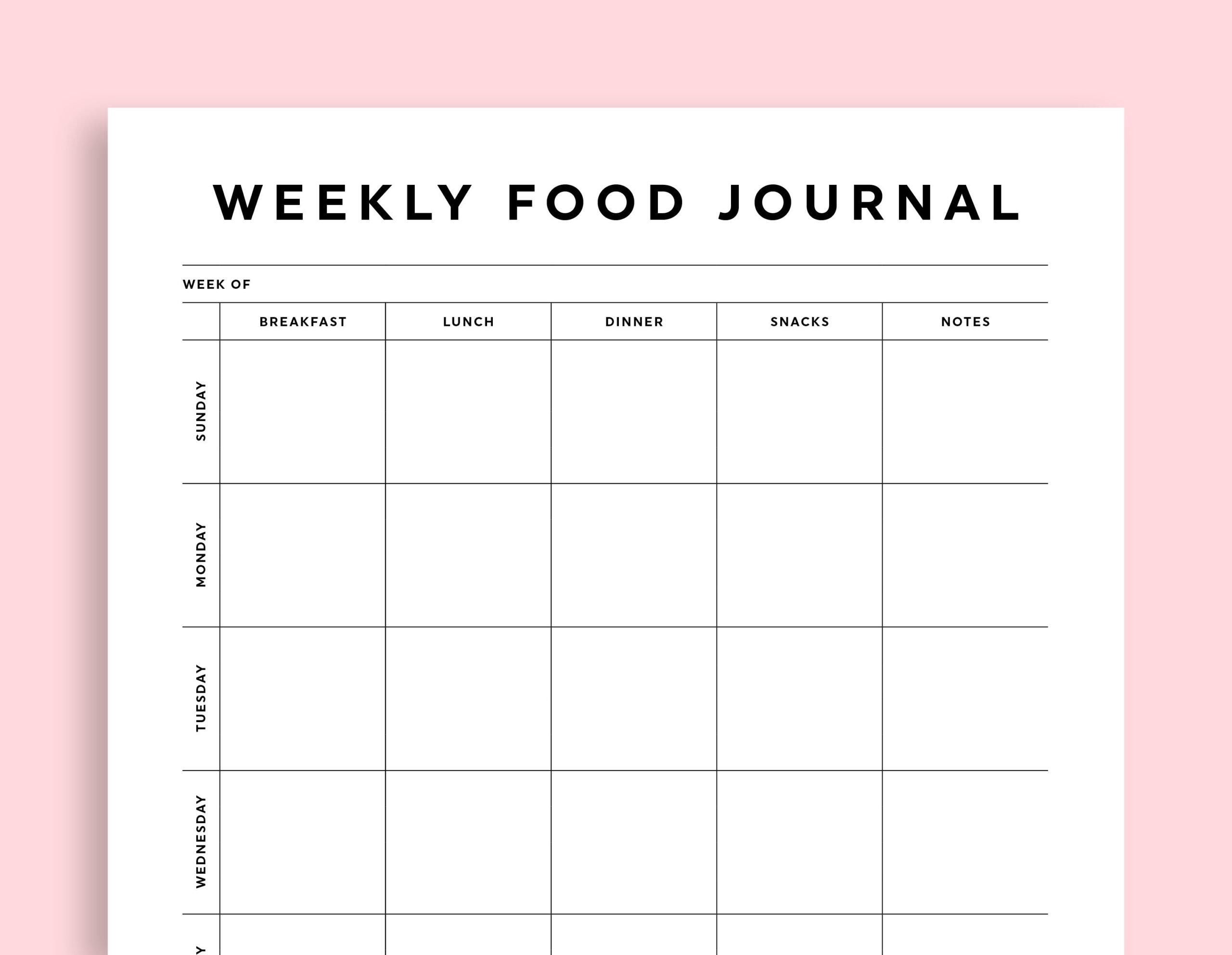 Weekly Food Diary Printable Sunday monday Start instant Download Etsy