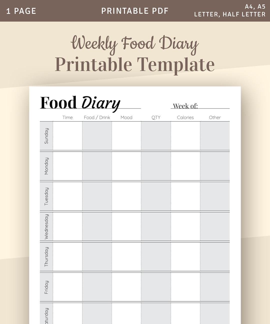 Weekly Food Diary Template Weekly Menu Planner Meal Planner Printable Food Journal Diet Journal Food Log Food Track Printable PDF Etsy