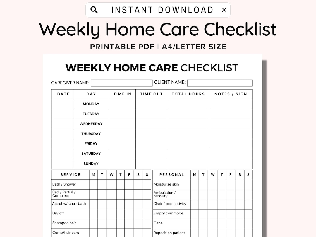 Weekly Home Care Checklist Printable Monday Start Caregiving 