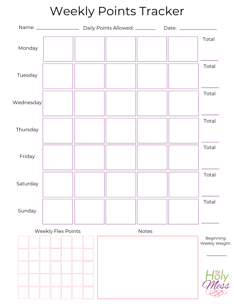 Weekly Points Tracker Printable Weight Watchers Friendly Weekly 