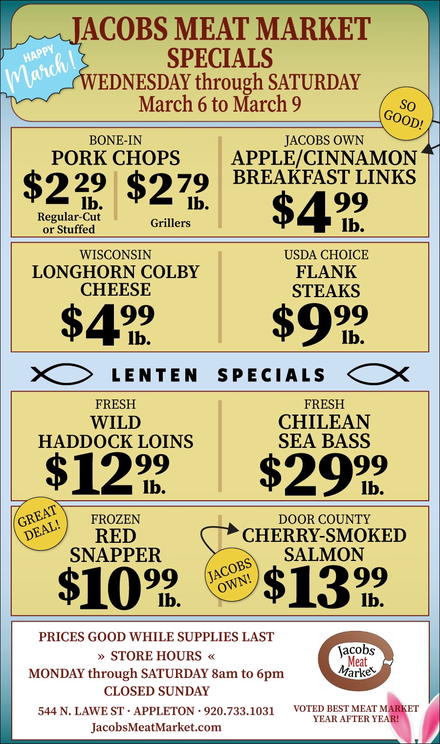 Weekly Specials Good March 6 To March 9 While Supplies Last Jacobs Meat Market