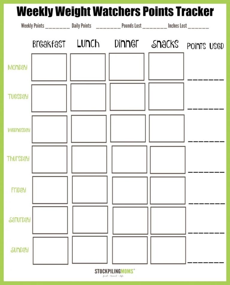 Weight Watchers Weekly Points Tracker Free Printable STOCKPILING 