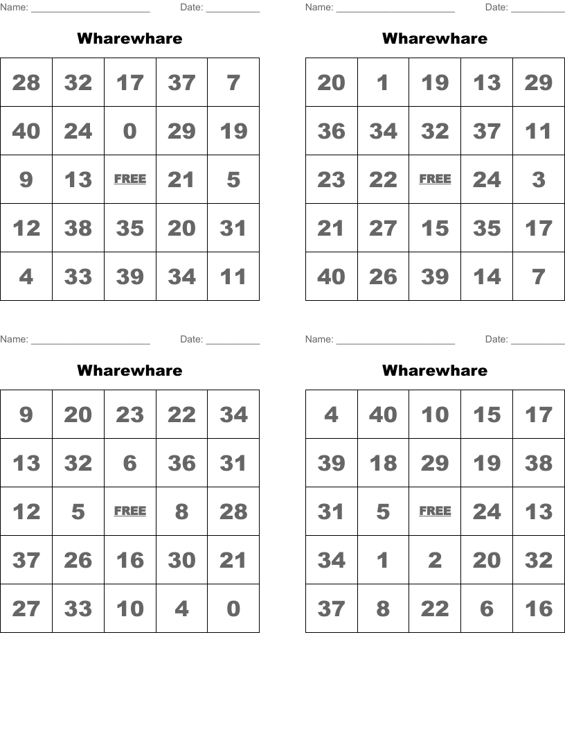 Wharewhare Bingo Cards WordMint