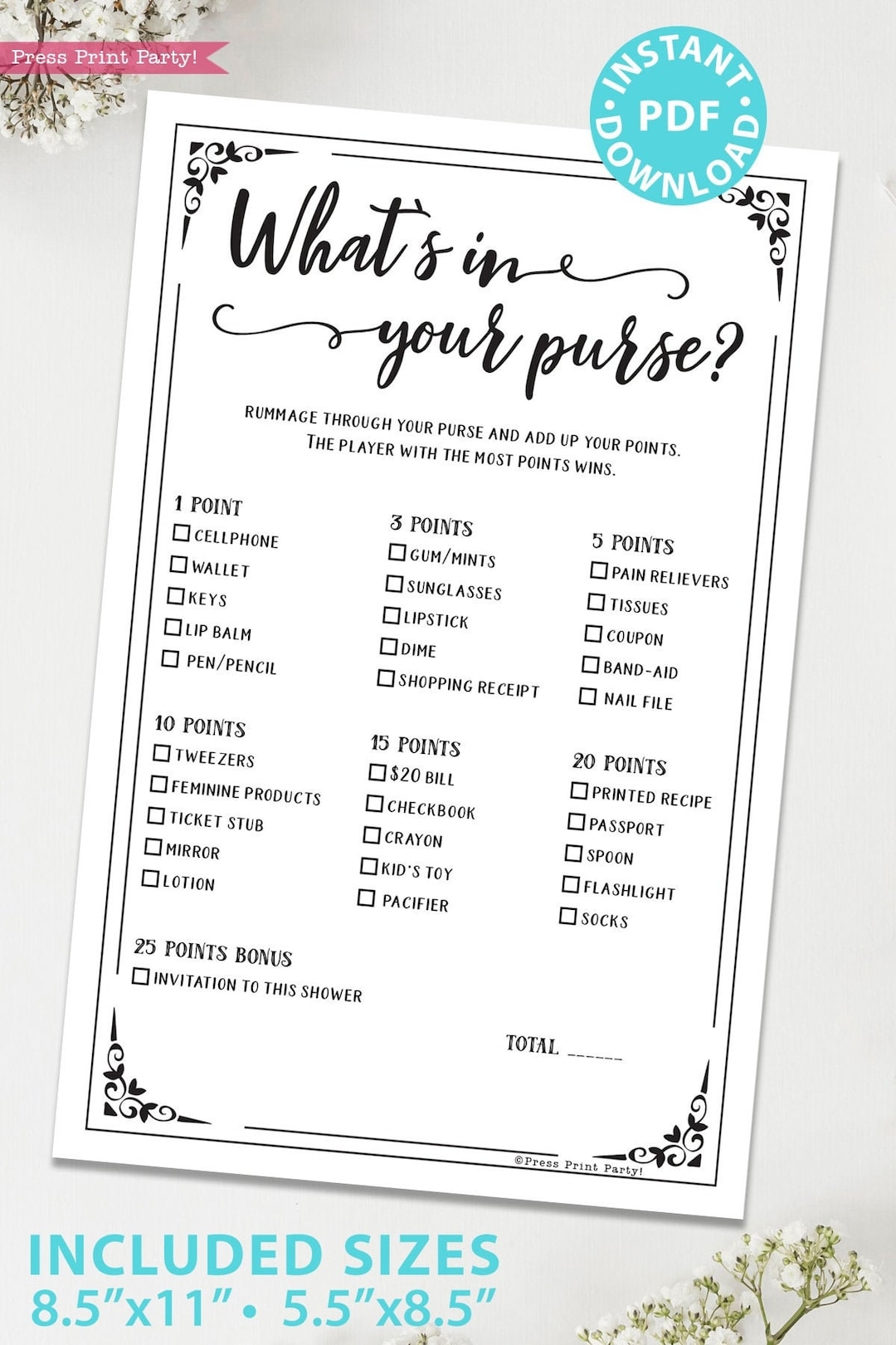 What s In Your Purse Baby Shower Game Printable Bridal Shower Game Template Funny Shower Activities Rustic INSTANT DOWNLOAD Etsy