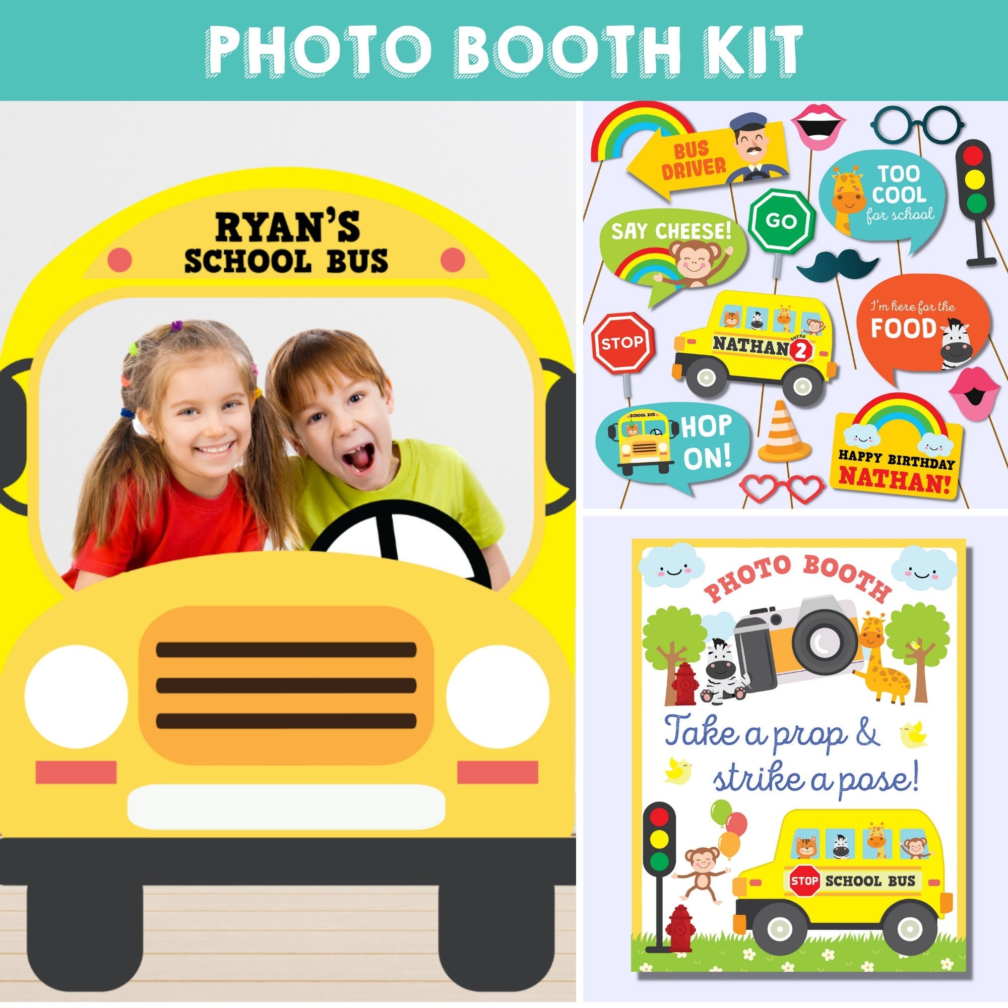 Wheels On The Bus Party Photo Booth Printable Kit Yellow School 