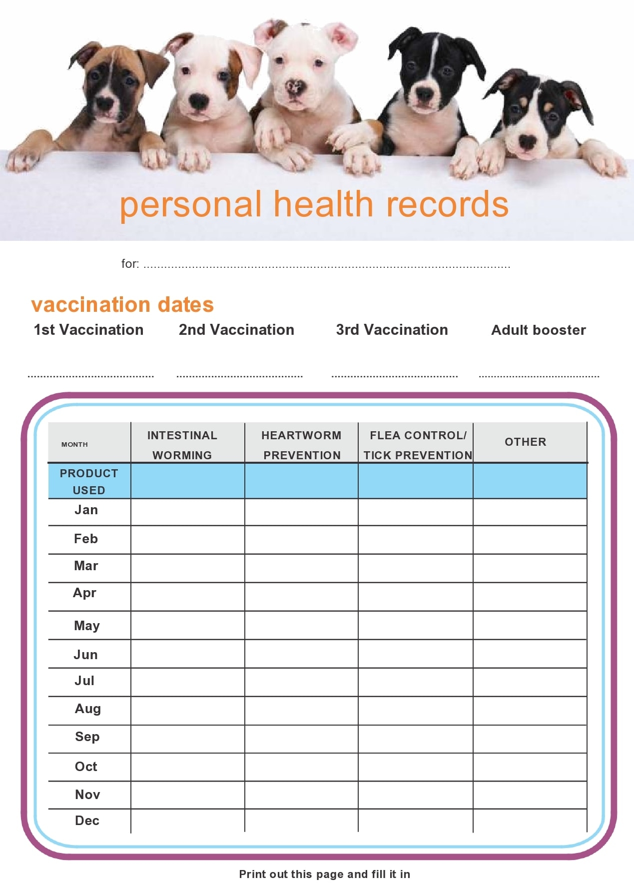 Whelping Supplies Puppy Vaccination Record Dog Health Record Dog Shot Record Pet Health Record Instant Download PDF Fillable Printable Puppy Shots