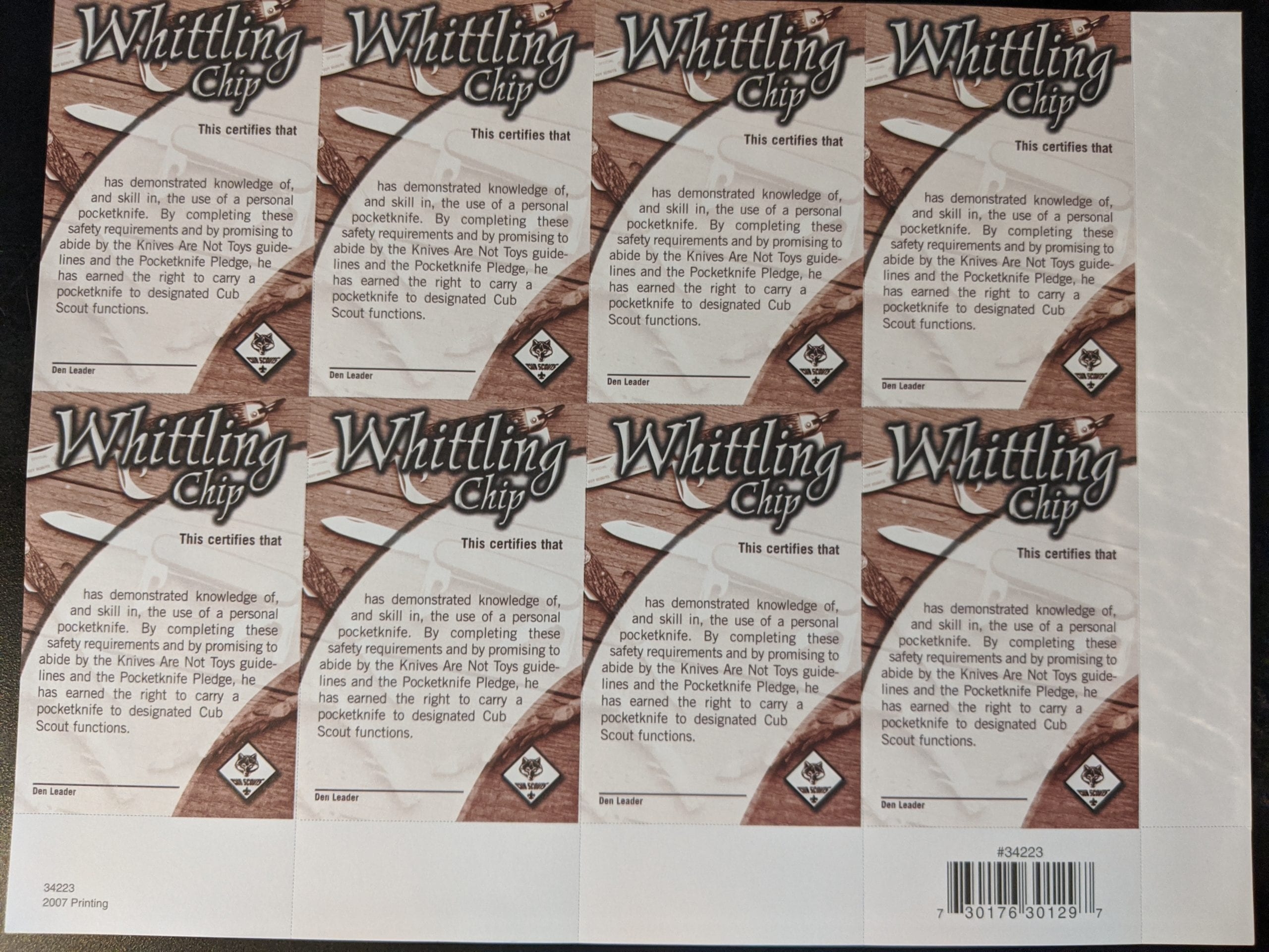 Whittling Chip Pocket Certificate 8 Per Sheet this Item Is Discontinued