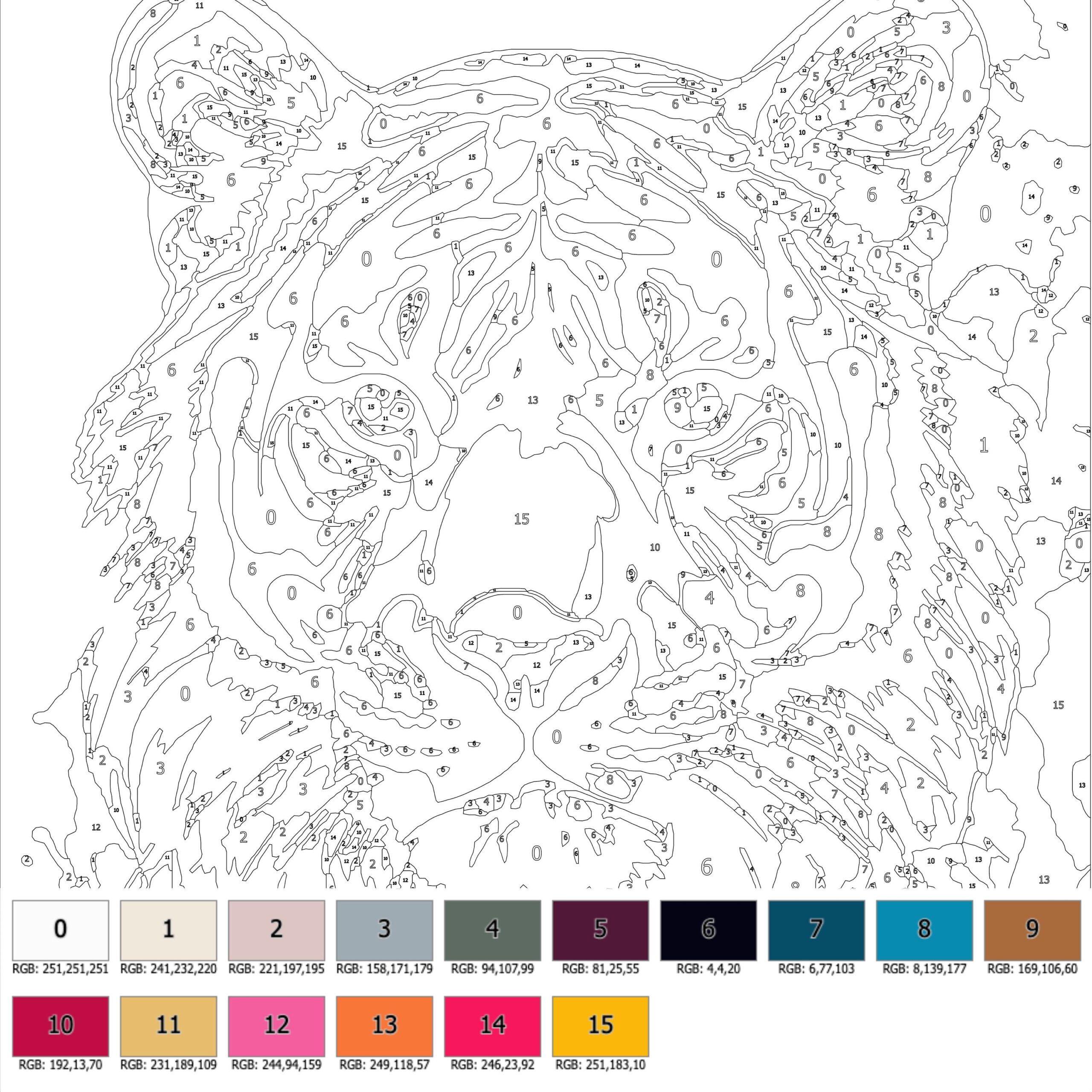 Wild Animal Color By Number Detailed Tiger Printable digital 