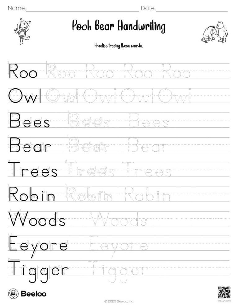 Winnie the Pooh themed Word Tracing Worksheets Beeloo Printable Crafts And Activities For Kids