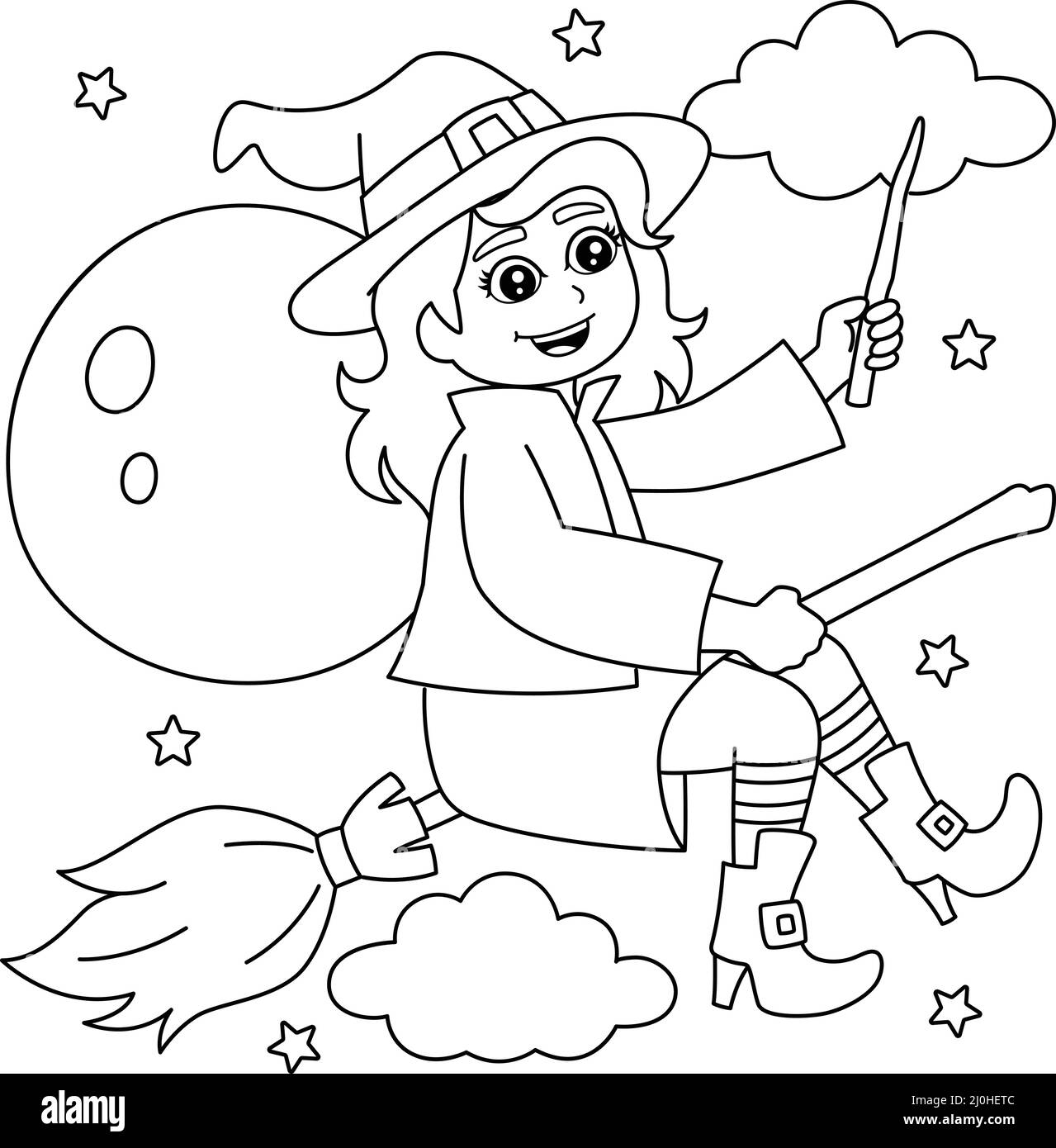 Witch Girl In A Broomstick Coloring Page For Kids Stock Vector 