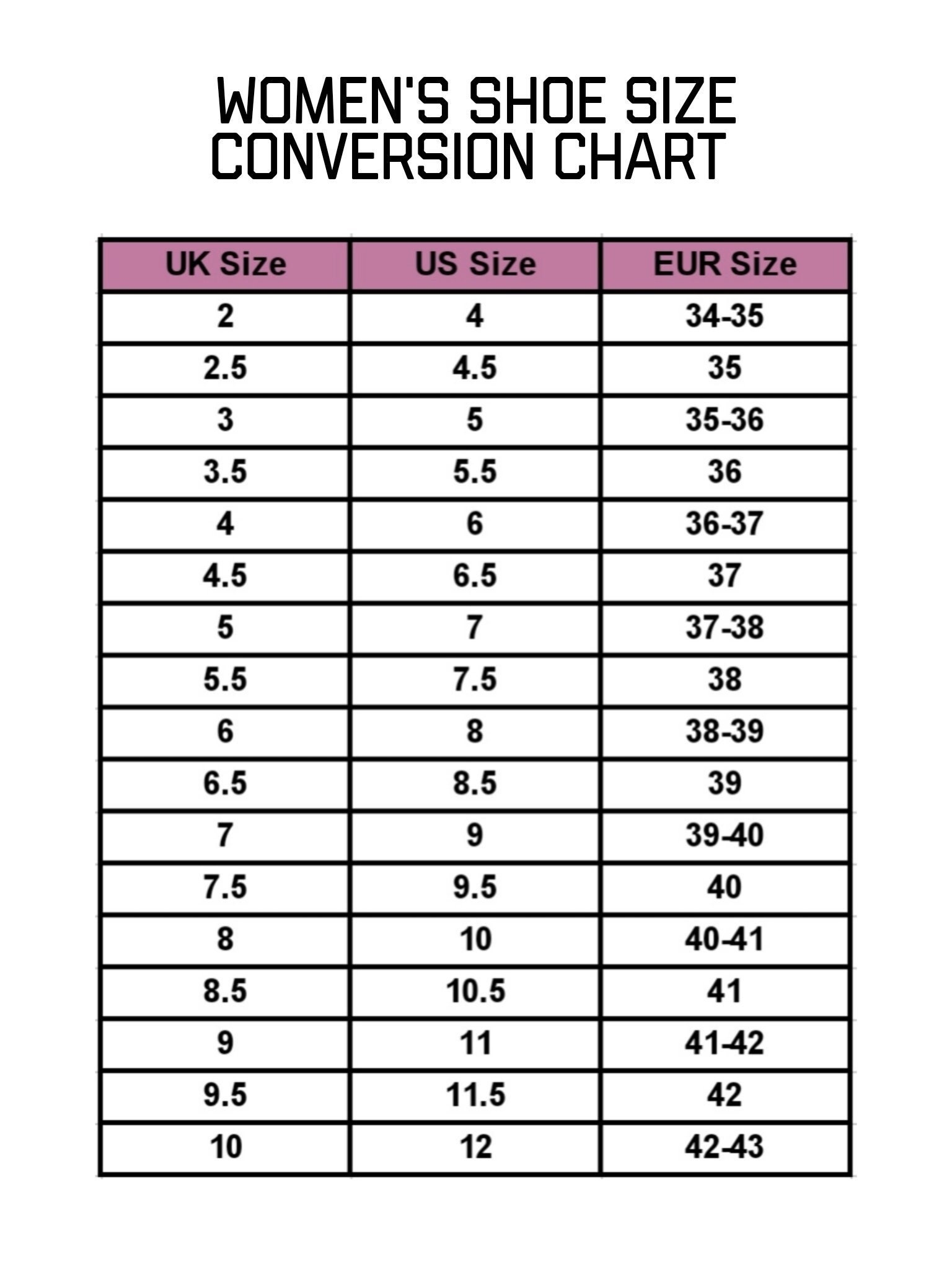 Women s Shoe Size Conversion Chart Shoe Guide Size Guide Instant Printable Digital Download