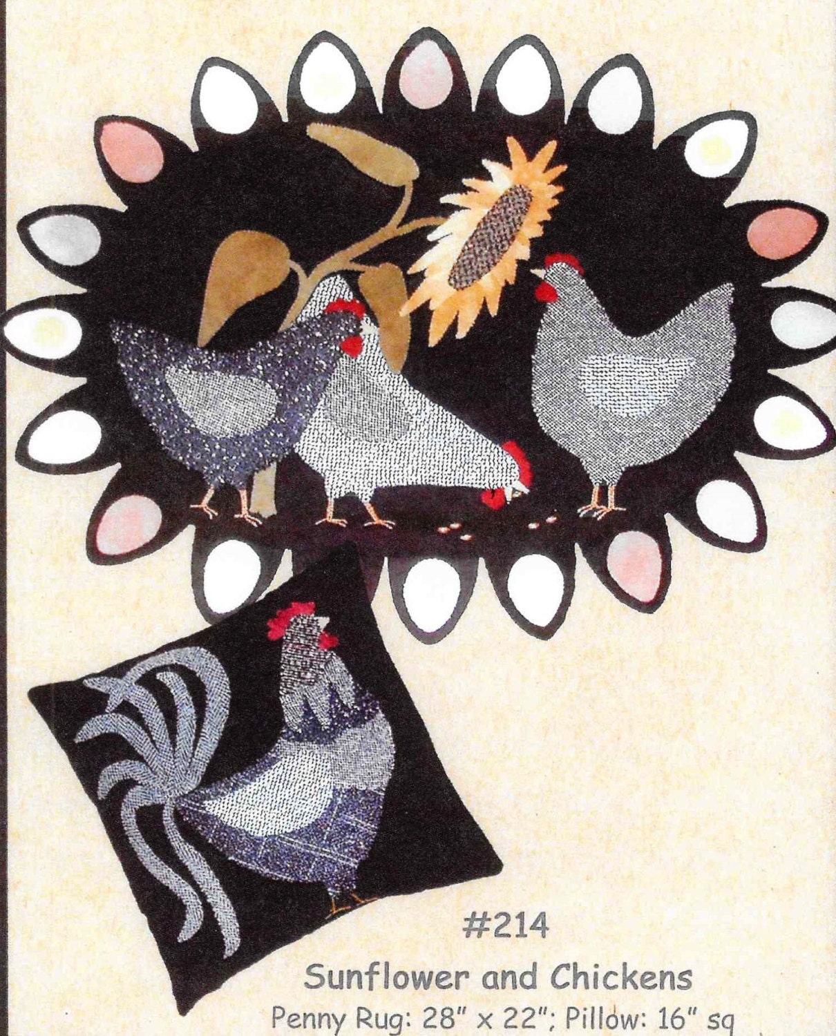 Wool Applique Pattern Sunflower And Chicken Penny Rug Pillow Primitive Decor Farmhouse Decor Bonnie Sullivan PATTERN ONLY