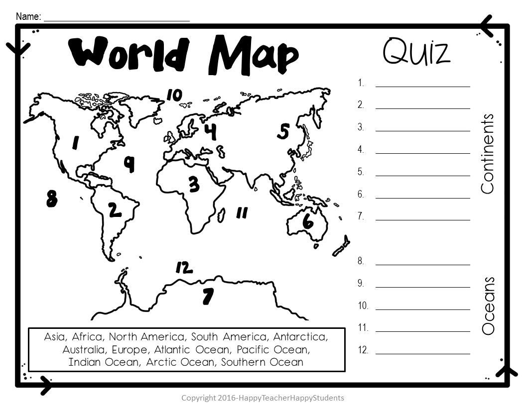 World Map World Map Quiz Test And Map Worksheet 7 Continents And 5 Oceans