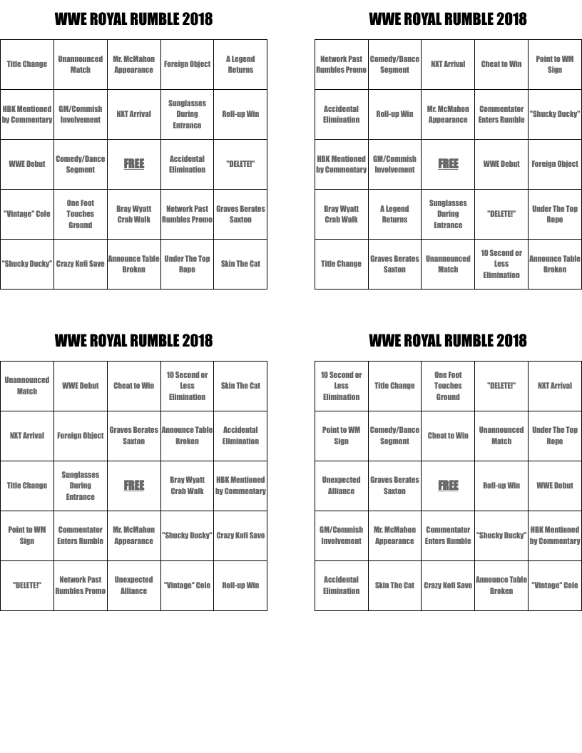 WWE ROYAL RUMBLE 2018 Bingo Cards WordMint