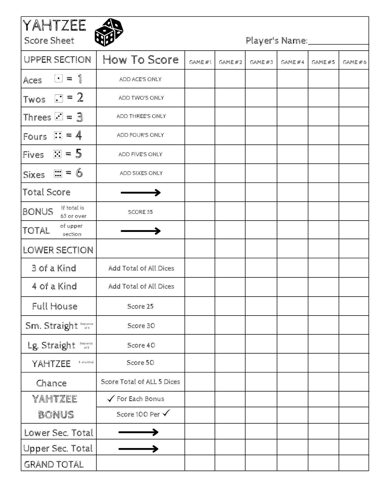 printable yahtzee score pads