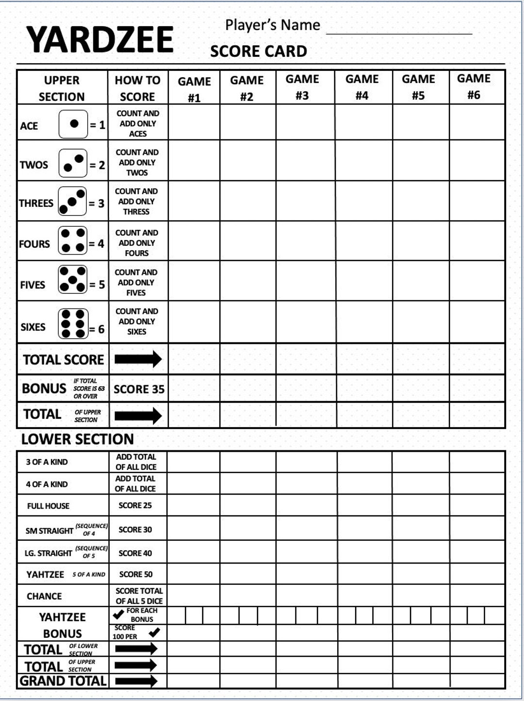Yardzee Score Card Yardzee Scoresheet Yardzee Score Pads Printable File PDF Download 8 5x11 Etsy