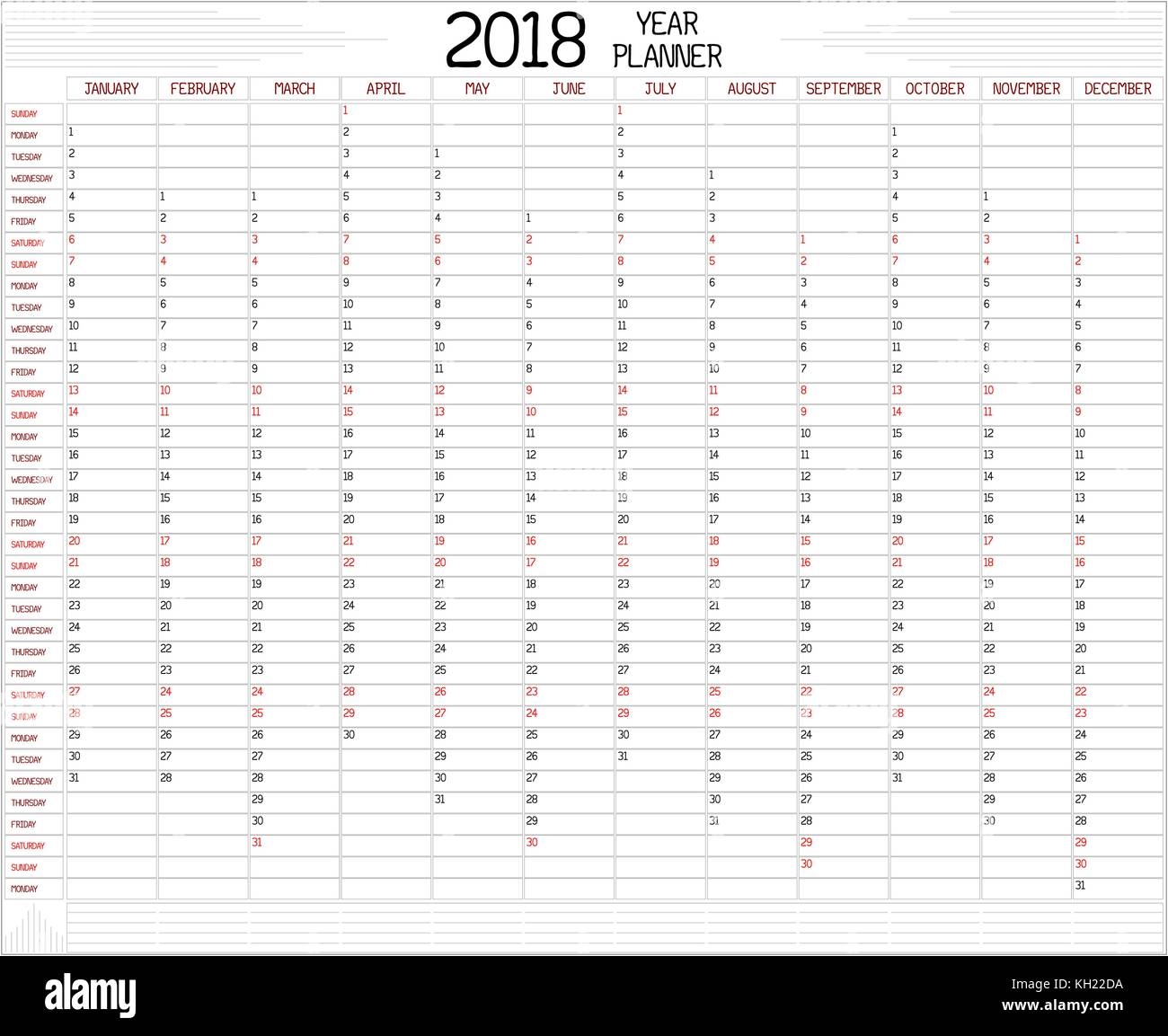 Year 2018 Planner An Annual Planner Calendar For The Year 2018 On White A Custom Handwritten Style Is Used Stock Vector Image U0026 Art Alamy