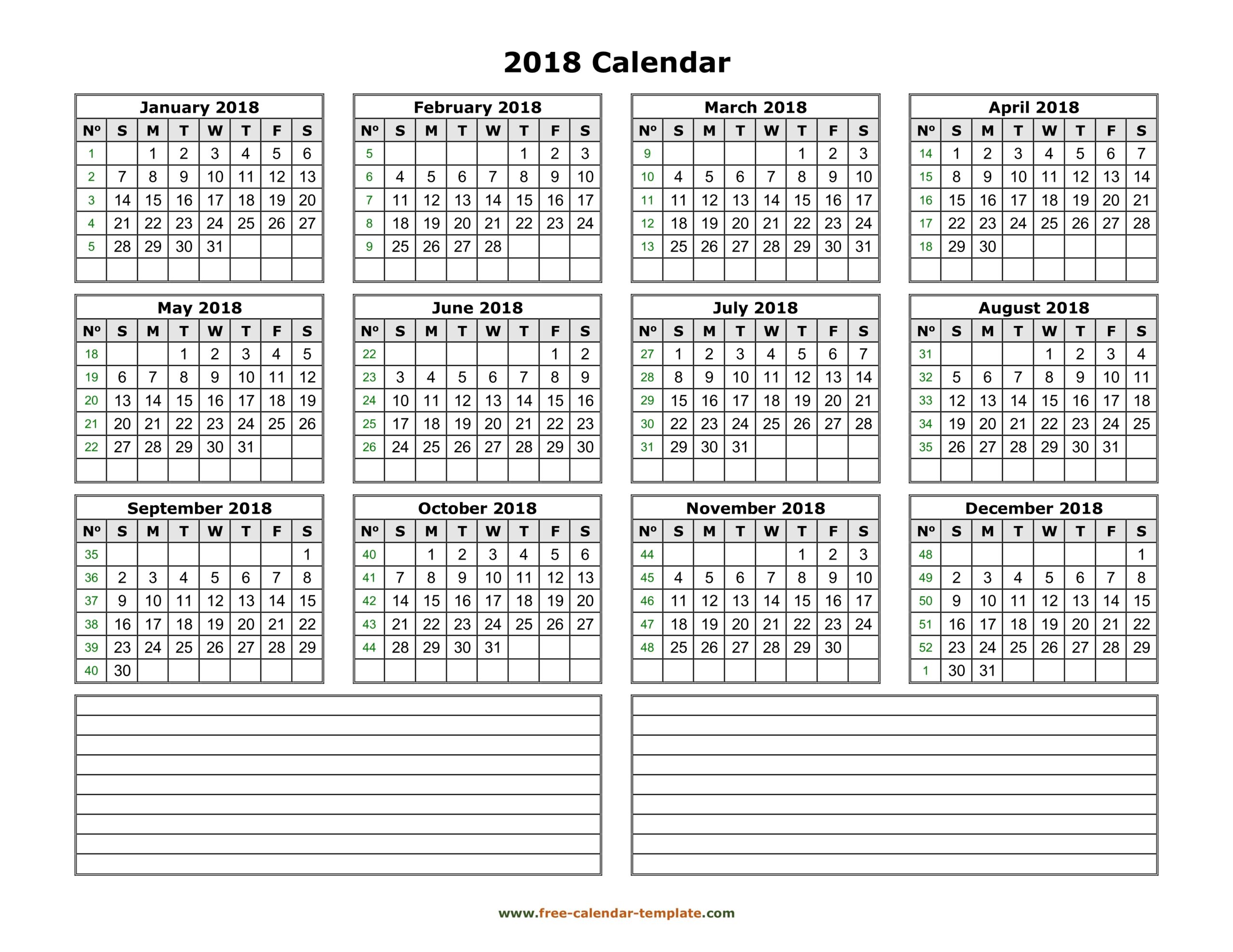 Yearly 2018 Calendar Printable With Space For Notes Free calendar template