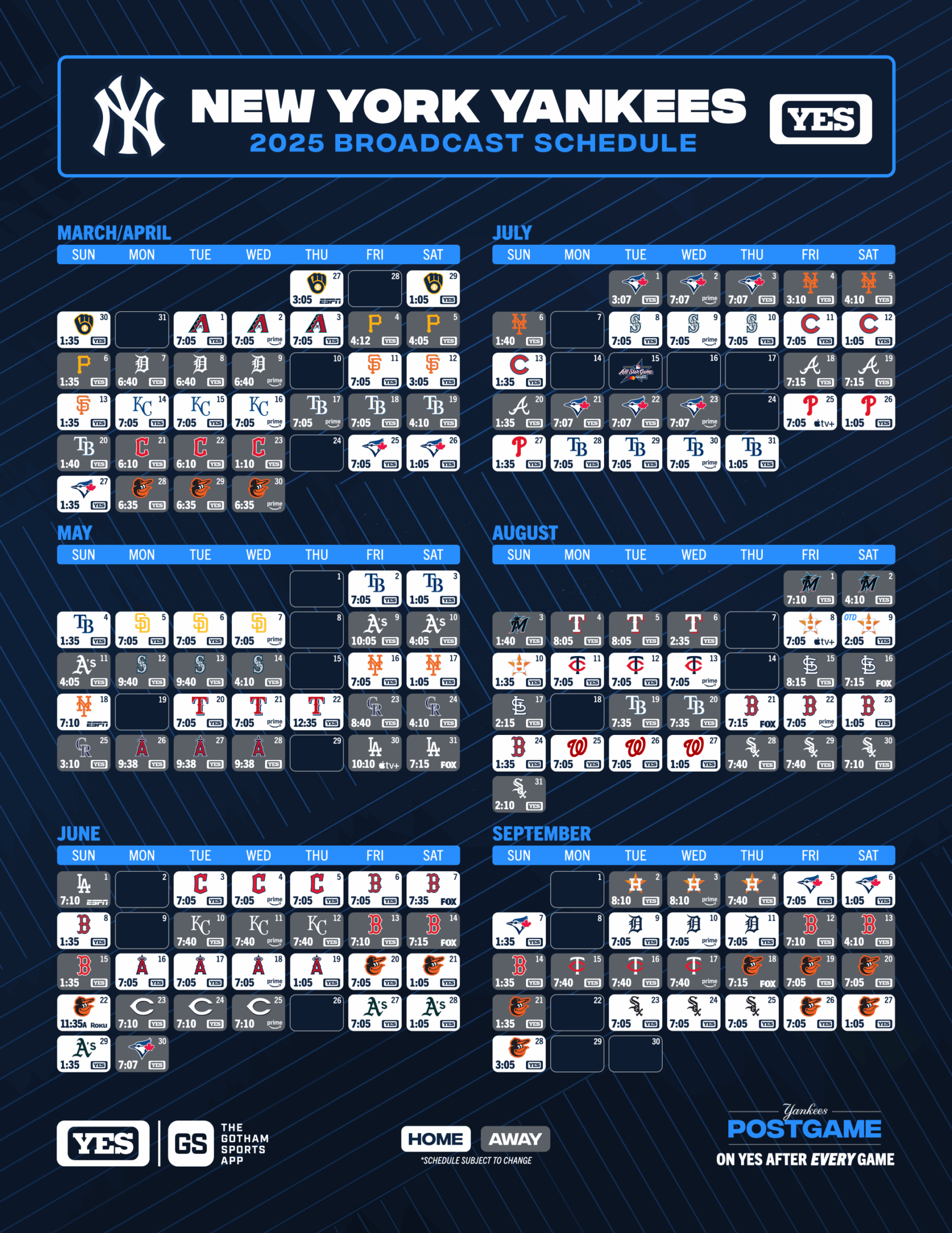 YES Yankees Broadcast Schedule YES Network YES Network